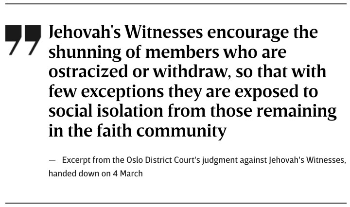 SMShunning's tweet photo. Norway: Jehovah’s Witnesses Lose to the State—Mandated Shunning Means No State Subsidy: https://t.co/V1DGlzLtT2

#jw #exjw #shunning #mandatedshunning #jehovahswitnesses #shunningisacrime #norway #courtcase https://t.co/ymrccZca2s