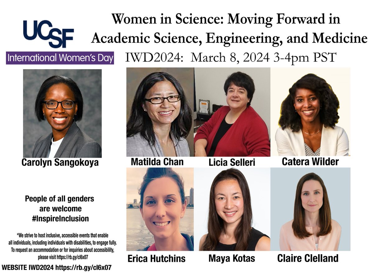happy #IWD2024 week! We'll be co-presenting a panel discussion 'Women In Science: Moving Forward in Academic Science, Engineering, and Medicine' with a new slate of brilliant scientists from many disciplines-- join us 3/8/24 at 3PM PST Register=> ucsf.zoom.us/webinar/regist…