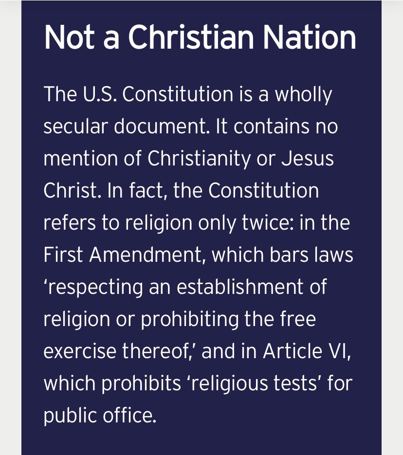 “The US Constitution is a wholly secular document.” It contains no mention of Christianity & mentions “religion” only in the 1A (barring laws “respecting an establishment of religion or prohibiting the free exercise thereof” ) & in Article 6 (barring religious tests 4 office). 1/