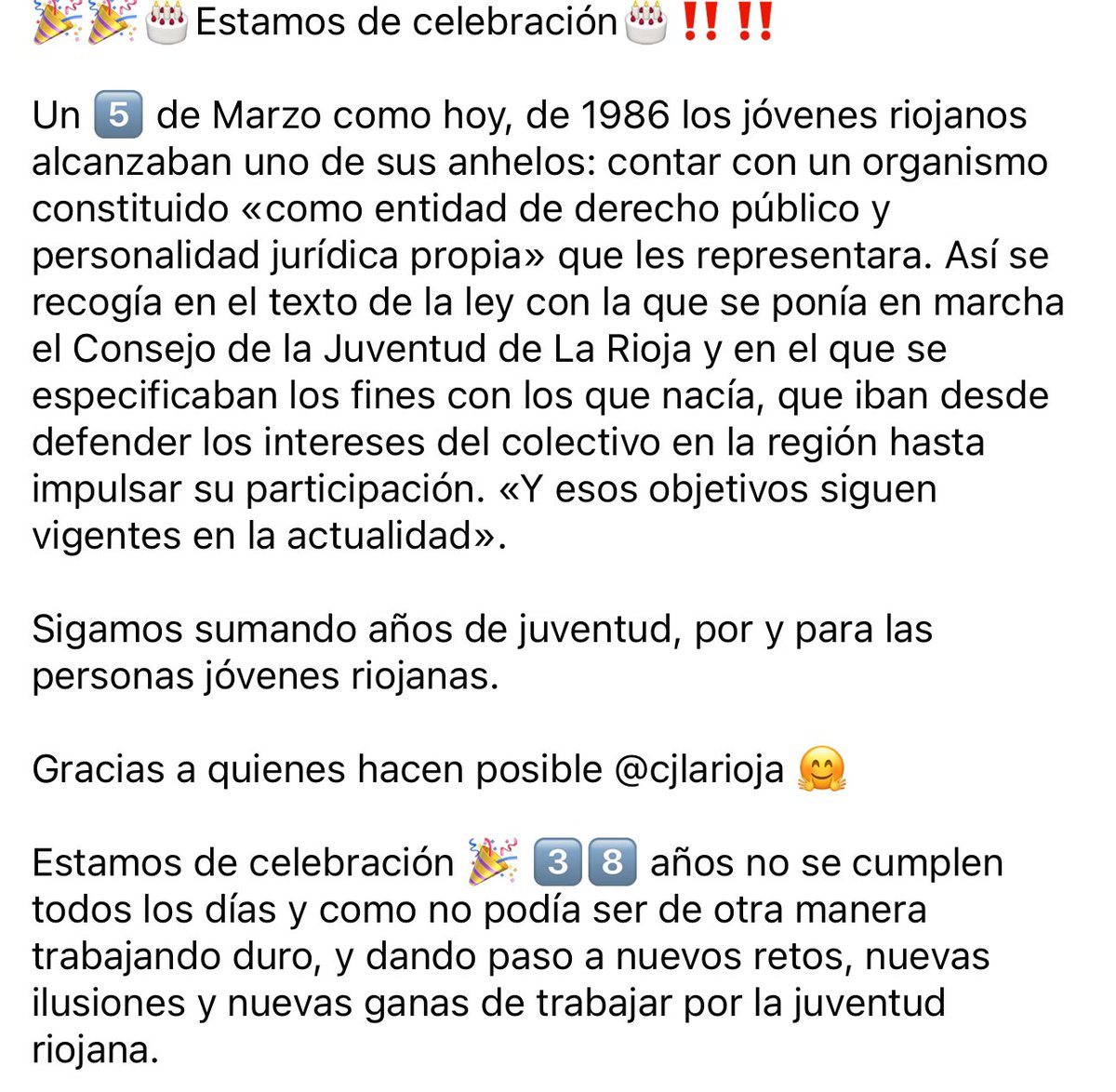 ¿Sabías qué? Tal día como hoy en 1986 fue constituido el Consejo de la Juventud de La Rioja.

Seguiremos trabajando por cumplir años de experiencia que sumen futuro a la juventud riojana 🎂.