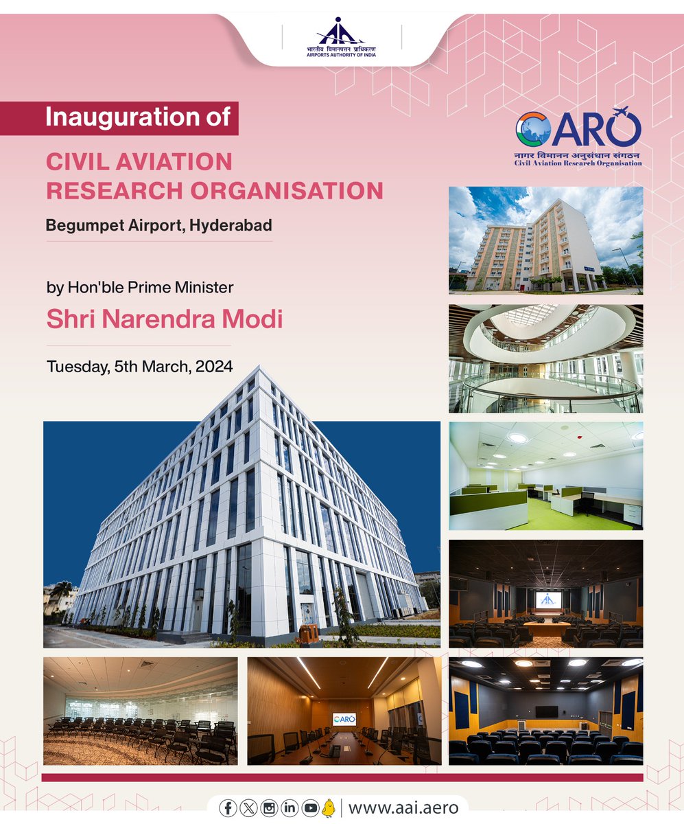 Airports Authority of India (@aai_official) on Twitter photo Today the newly built Civil Aviation Research Organisation #CARO complex in Begumpet, Hyderabad will be inaugurated by the Hon’ble PM, Sh. <a href="/narendramodi/">Narendra Modi</a>. This ₹354 Crores facility is equipped with modern infrastructure and world-class technologies. Today the newly built Civil Aviation Research Organisation #CARO complex in Begumpet, Hyderabad will be inaugurated by the Hon’ble PM, Sh. <a href="/narendramodi/">Narendra Modi</a>. This ₹354 Crores facility is equipped with modern infrastructure and world-class technologies.
