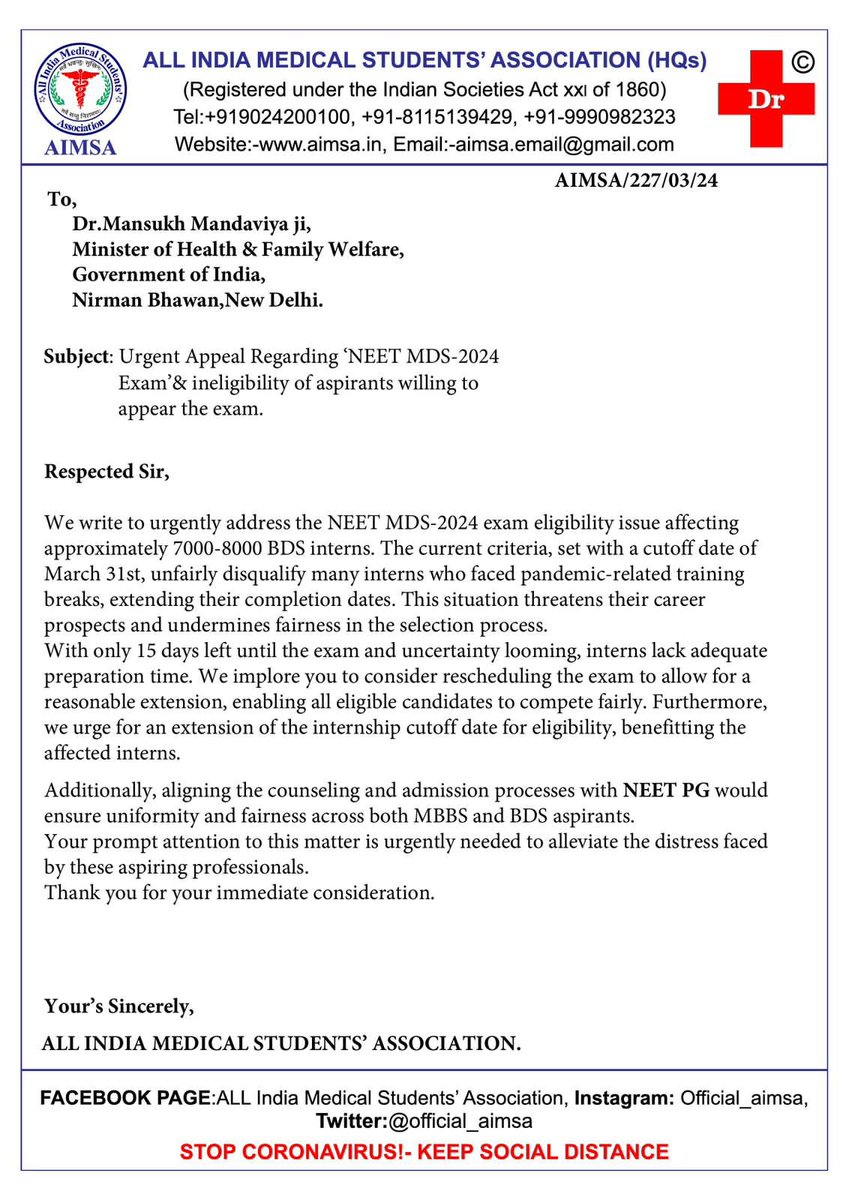 official_aimsa's tweet photo. Urgent Appeal regarding NEET-MDS 2024 Exam!
@official_aimsa requests @mansukhmandviya ji @OfficeOf_MM @ianilradadiya ji to consider the request of NEET MDS 2024 aspirants and postpone the exam with extending the cutoff date for eligibility to benefit maximum aspirants! #NEETMDS2024
#Medtwitter @PMOIndia @ANI