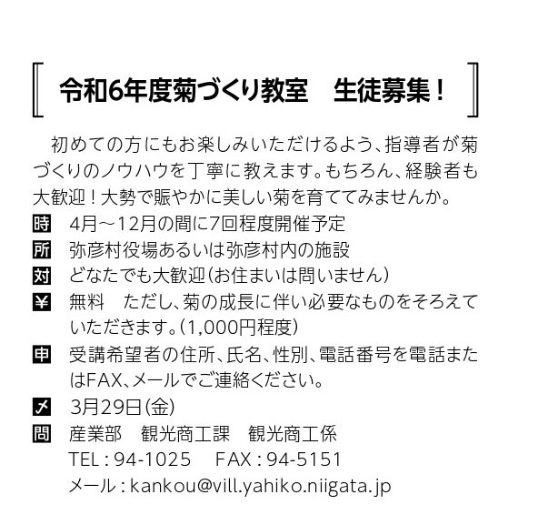 tAHQmnriKdxVzPC's tweet photo. 【拡散希望】

弥彦の秋と言えば『菊まつり』ですが
実は弥彦村では毎年「菊作り教室」を行っています

園芸が好きな方、新しい趣味を探している方、
初めての方でも熟練の指導者が丁寧に教えてくれるので安心☺️かつ無料です😆

いずれは菊まつり出展も！？🤭
生徒様大募集中です！！ https://t.co/hRrmF8kTJE