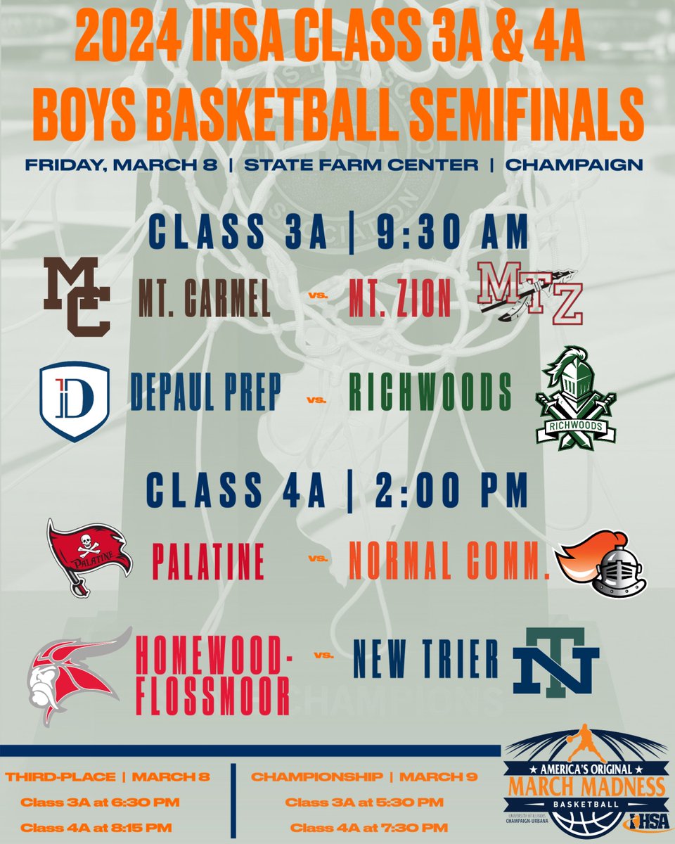 🏆🏀 The field is set for the 2⃣0⃣2⃣4⃣ #IHSA Boys Basketball State Finals! 📅 March 7-9 📍 State Farm Center | University of Illinois | Champaign-Urbana 🔗STATE FINAL INFO▶️ linktr.ee/ihsa_il Includes... 🎟️Tickets 📺How to watch 👕🧢Gear 📙Program 📸Photos 🍔🏨Local Info