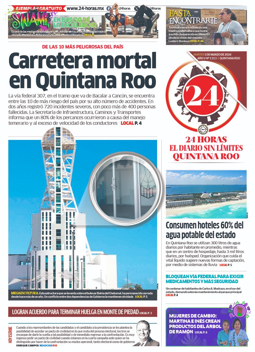 📍LA PORTADA | ¡Buenos días! ☀️Da un vistazo 🔎a nuestra edición digital 📰 en este enlace 👇
goo.su/oMmybW
📎Carretera mortal, en Quintana Roo
📎Consumen hoteles 60% del agua potable del estado
📎Logran acuerdo para terminar huelga en el Monte de Piedad
#Noticias