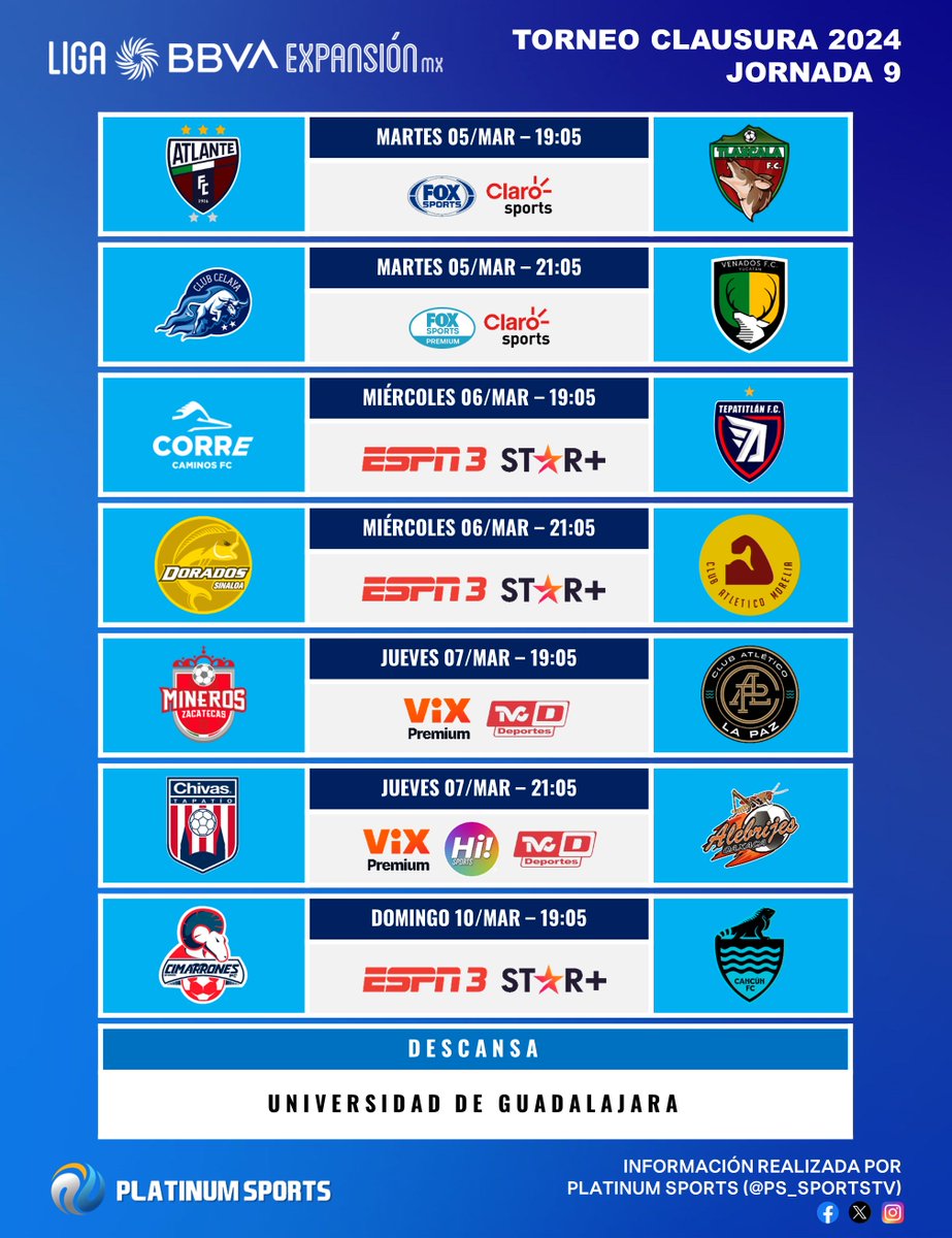 ⚽️ #AgendaPLATINUM 
🇲🇽 #LigaBBVAExpansiónMX Clausura 2024 - Jornada 9

⏰📺 Horarios y transmisiones para México.
⚠️ Sujeto a cambios. 

#Clausura2024 - #Jornada9