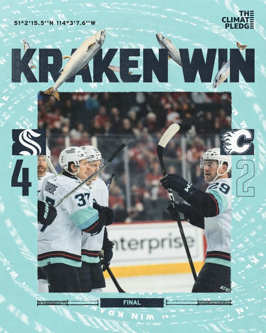 Win graphic with an ice blue gradient background. The arena coordinates and The Climate Pledge logo are along the top of the graphic in blue lettering.An image of game action is overlayed in the center of the graphic with fish circling the image. The opponent’s logo and Kraken logo are along the bottom of the graphic with end of the first period under them. The score is 4-2.