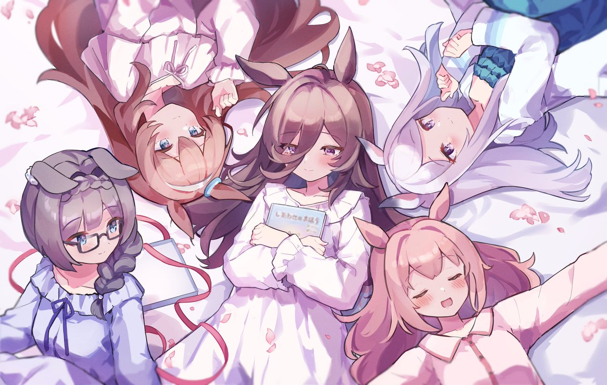 mejiro mcqueen (umamusume) ,mihono bourbon (umamusume) ,rice shower (umamusume) multiple girls animal ears horse ears brown hair long hair pajamas pink hair  illustration images