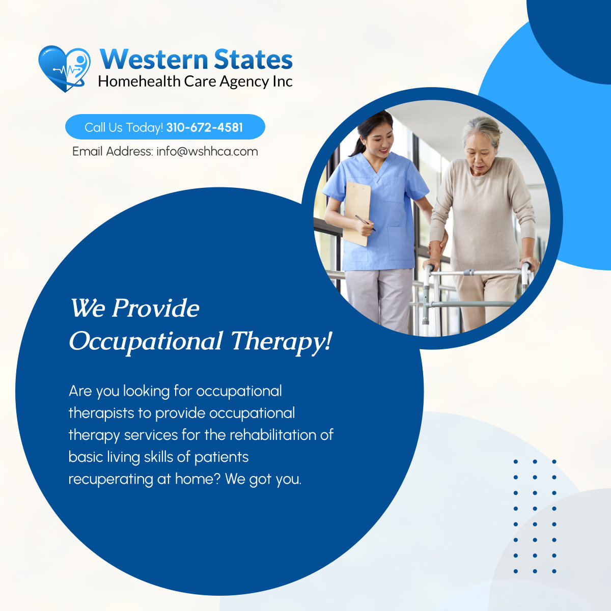 Occupational therapists will focus on assessing and evaluating health and basic skills, planning and implementing therapeutic programs, therapeutic programs, and sensory function restoration, etc.

#LosAngelesCA #OccupationalTherapy #HomeHealthCare #Rehabilitation #TherapyProgram