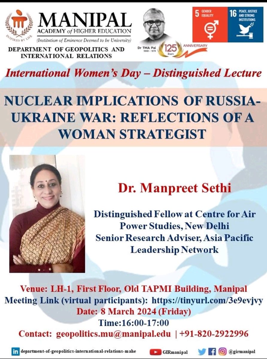 Meeting link lnkd.in/gNYnKrUC Dr. Manpreet Sethi (@manpreetsethi01), CAPS, New Delhi will speak on the occasion International Women's Day (March 8), 16:00-17:00. Her talk will offer a woman strategist's perspective on nuclear implications of conflicts