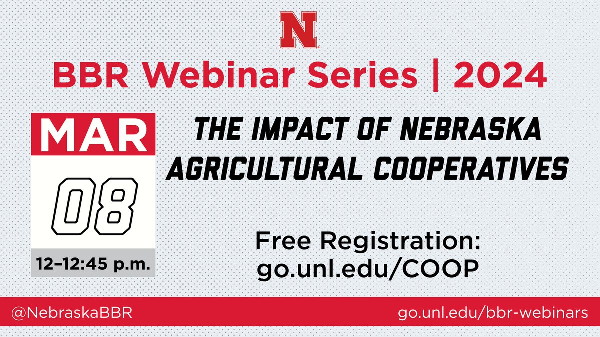Join Dr. Eric Thompson of #NebraskaBBR & Rocky Weber of #NCC on March 8 for an overview of Nebraska cooperatives, the value of cooperative activities, and the direct and indirect economic impacts. Registration closes on March 7. 🌐go.unl.edu/coop