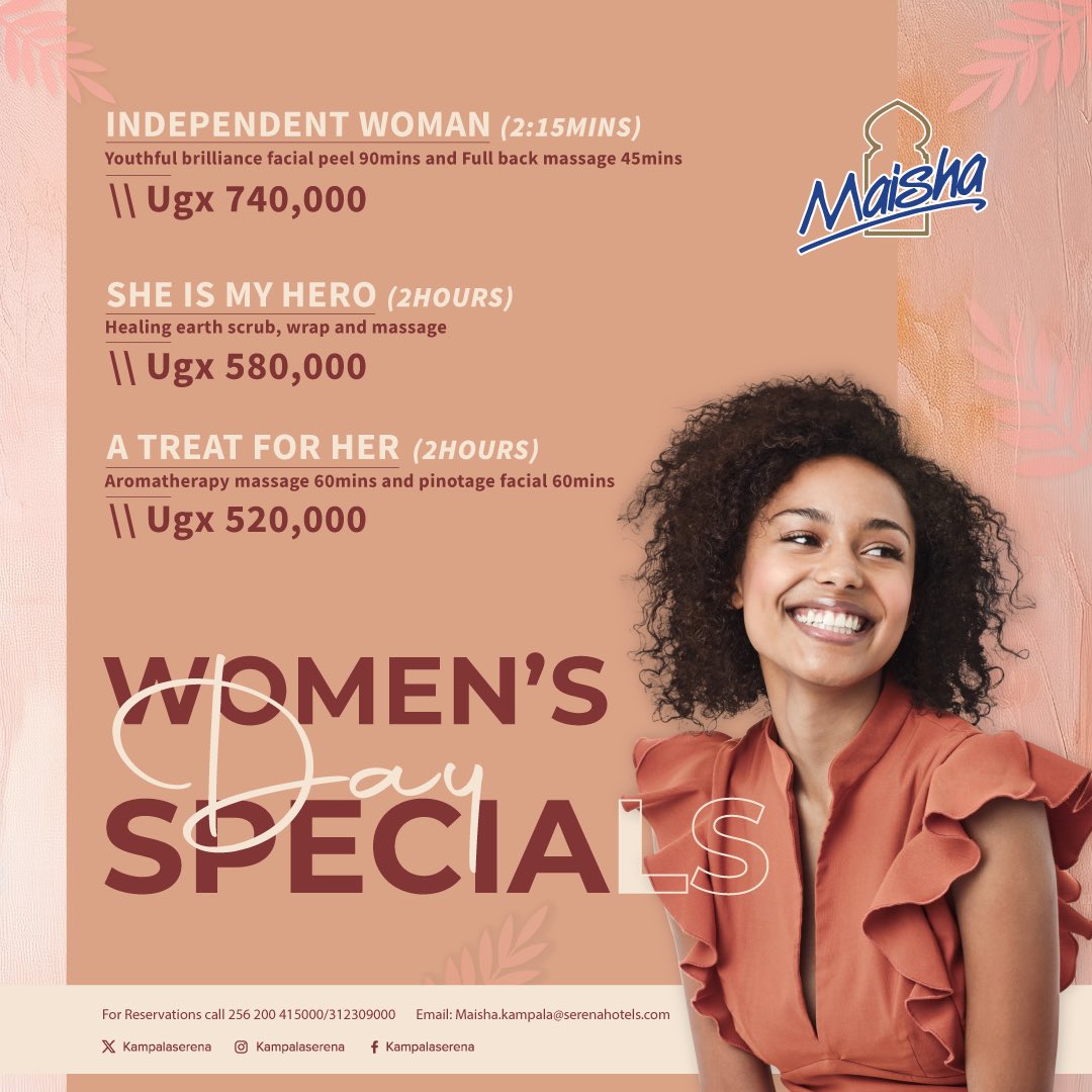 WOMEN’s DAY SPECIAL @ the #maishaspa 

Ladies “The spa is a gift of attention that you can give yourself”. You deserve it!!!! 

Relax and Unwind, the spa way this Women’s day.

To book an appointment please call
📞 +256312309000/501
 #womensday #serenaexperience #kampalaserena