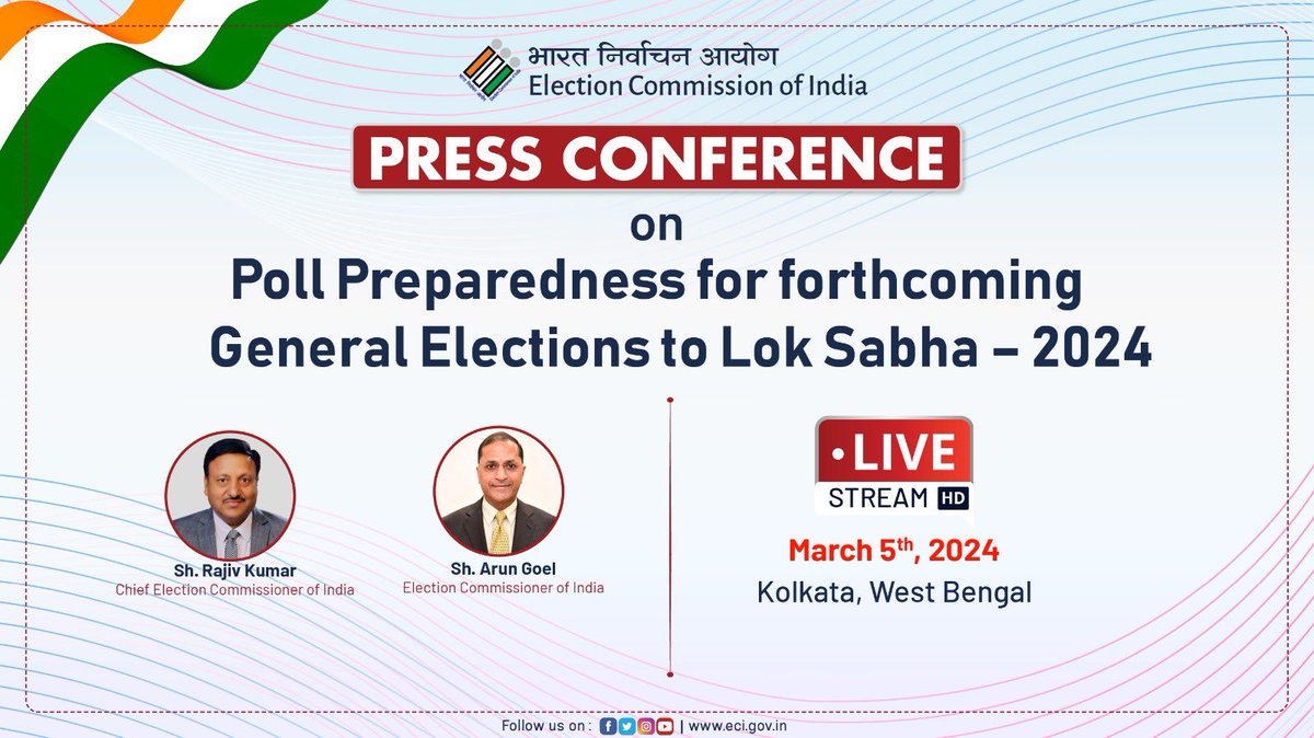 CEC Rajiv Kumar along with EC Arun Goel will address a #PressConference on the review of poll preparedness for the forthcoming #GeneralElections2024 in #Kolkata   Today 12 PM onwards. Watch live here 👇 youtube.com/live/w6Id-wB0T…