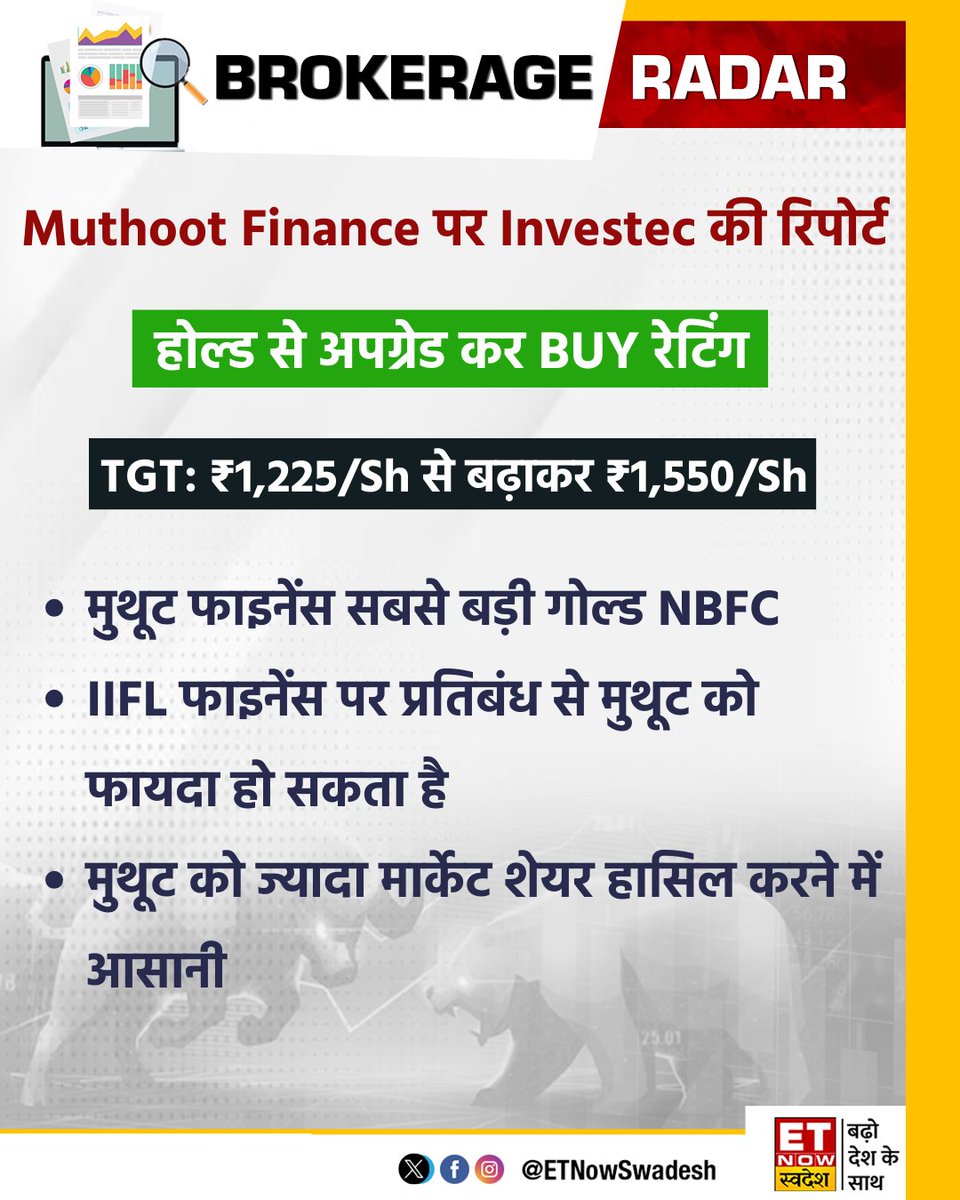 #BrokerageRadar |#MuthootFinance पर Investec की ब्रोकरेजेज रिपोर्ट📊

#StocksToWatch #StockMarket #Q3WithSwadesh #EarningsWithSwadesh