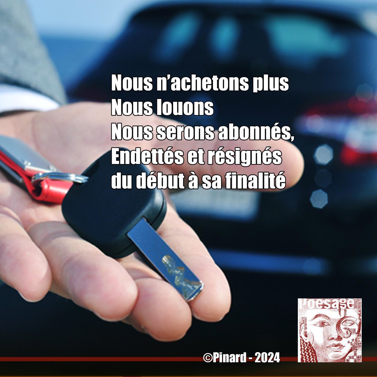poesage_27's tweet photo. Nous n’achetons plus 
Nous louons 
Nous serons abonnés, 
Endettés et résignés 
du début à sa finalité

©Pinard – 2024

#location #loa #louer #dette #endetter #abonner #resigner #posseder #finalite #acheter #propriete
#poesie #poetry #ecriture #writing #auteurfrancais https://t.co/Tg9o0asPuJ