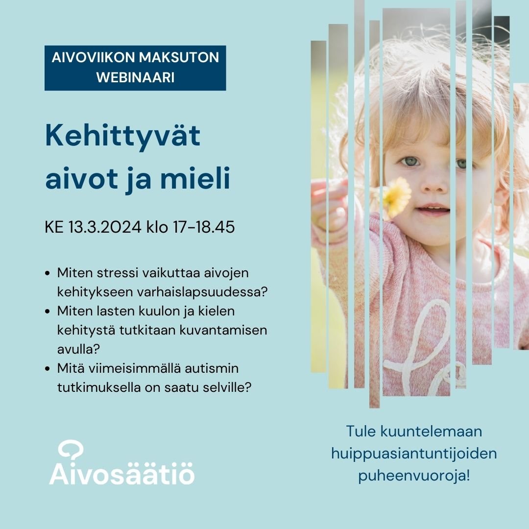 Helsinki Brain & Mind (@hkibrainmind) on Twitter photo Kehittyvät aivot ja mieli – Aivoviikon maksuton webinaari
Ke 13.3. klo 17–18.45
Puhujina:
Jetro Tuulari <a href="/UniTurku/">Turun yliopisto - University of Turku</a>
<a href="/ParviainenTiina/">tiina parviainen</a> <a href="/uniofjyvaskyla/">University of Jyväskylä</a>
Maija Castrén <a href="/helsinkiuni/">University of Helsinki</a>
Lue lisää ja ilmoittaudu
🔽
aivosaatio.fi/ajankohtaista/… Kehittyvät aivot ja mieli – Aivoviikon maksuton webinaari
Ke 13.3. klo 17–18.45
Puhujina:
Jetro Tuulari <a href="/UniTurku/">Turun yliopisto - University of Turku</a>
<a href="/ParviainenTiina/">tiina parviainen</a> <a href="/uniofjyvaskyla/">University of Jyväskylä</a>
Maija Castrén <a href="/helsinkiuni/">University of Helsinki</a>
Lue lisää ja ilmoittaudu
🔽
aivosaatio.fi/ajankohtaista/…
