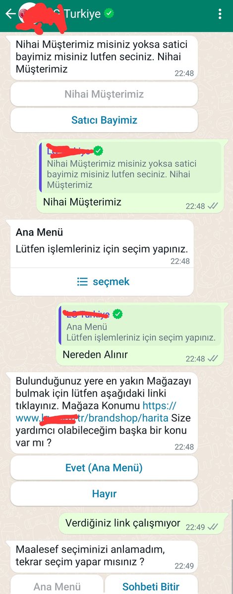 bbpinto's tweet image. Yapay zekayı menü sistemi olarak düşünen ya da müşteri kitlesinin bunu anlamaktan uzak olduğunu düşünen dünyanın en büyük tüketici elektroniği şirketlerinden birisinin WA robotu ile yazışma.