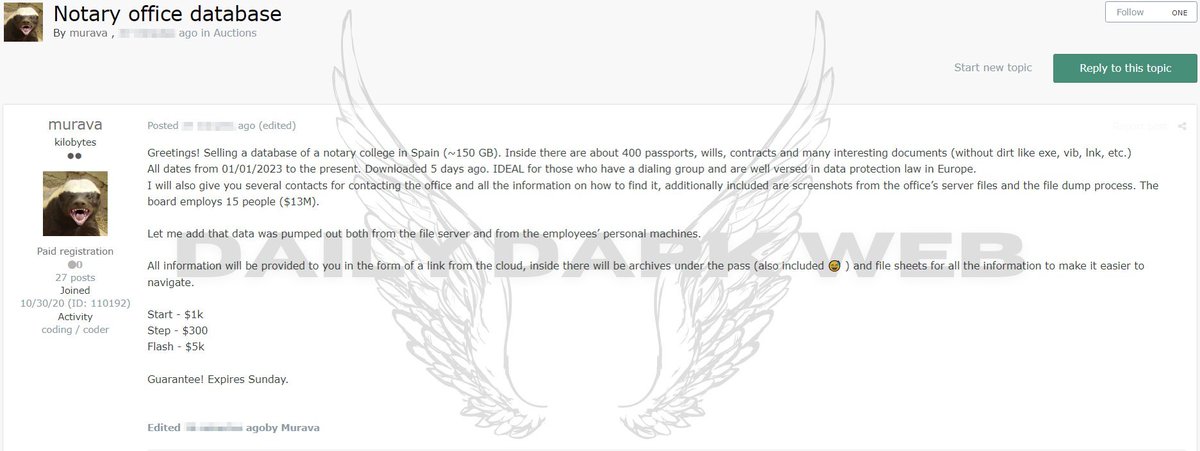Darkweb_info's tweet photo. #Spain 🇪🇸 - Allegedly, Database of a notary collage in Spain is on sale  Threat actor claims to have 150GB of sensitive documents, including 400 passports, contracts and more.  Starting price: $1000  #DarkWeb https://t.co/LnzmxUoqMX