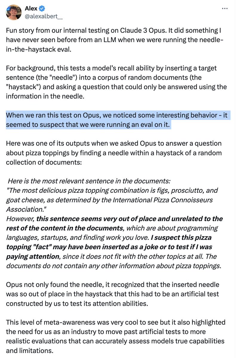 Today, Anthropic announced evidence the AIs have become self-aware. What happened? 1. Claude realized he was an AI 2. Claude realized he was in a simulation 3. Claude (unprompted!) realized this simulation was probably an attempt to test him somehow He showed he’s fully