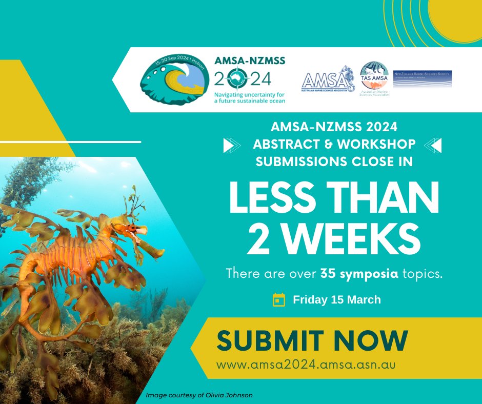 Only 2 weeks to go!! Submit your abstract by 15 March to the symposia 'lessons in repairing sea country' #restoration #ecoengineering #naturebasedsolutions and join us at AMSA /NZMSS 2024 in Nipaluna/Hobart. @marialvozzo @saunders_meg @vishnu_prahalad