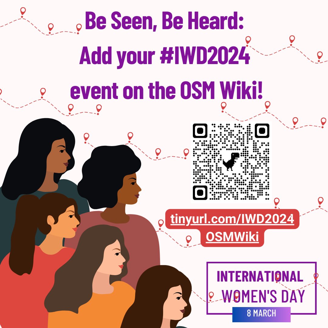 hotosm's tweet image. 🧵It's the #InternationalWomensDay Week! The HOT CommunityWG is encouraging everyone to add #IWD2024 initiatives, stories and events in the #openstreetmap wiki! Help us amplify as well! 👇
💜 tinyurl.com/IWD2024OSMWiki
Follow and🔖 this thread for the list of amazing initiatives!