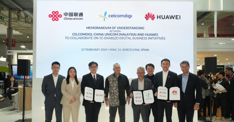 HuaweiAPAC's tweet photo. CelcomDigi, China Unicom Malaysia, and #Huawei have signed an MoU at #MWC24 Barcelona to cater to the digitalization needs of Malaysian enterprises with Intelligent Digital 5GtoB solutions, delivering new value for enterprise customers. #WinWin #HuaweiFacts