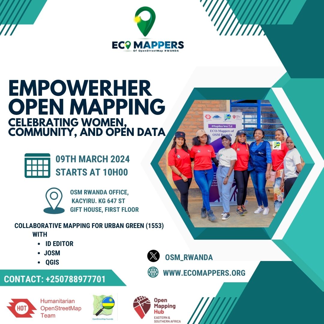 @womeningis @uniquemappers @GeoChicas @geospatialwomen @osmuganda @OSM_ID 9/N 🧵 @osm_Rwanda is celebrating #InternationalWomensDay, community and #opendata through the event: EmpowerHer Open Mapping this Saturday, 9 March! #IWD2024 #openstreetmap #community #openmapping #InternationalWomensDay #inspireinclusion x.com/osm_rwanda/sta…