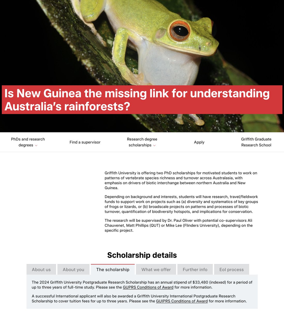 PhD Scholarship alert! Two positions open in the broad area of Australasian biogeography @Griffith_Uni in sunny (and biodiverse) Qld! Supervised by Paul Oliver, with possible co-supervision from @AChauvenet, Matt Phillips QUT or myself. Details: griffith.edu.au/research-study…