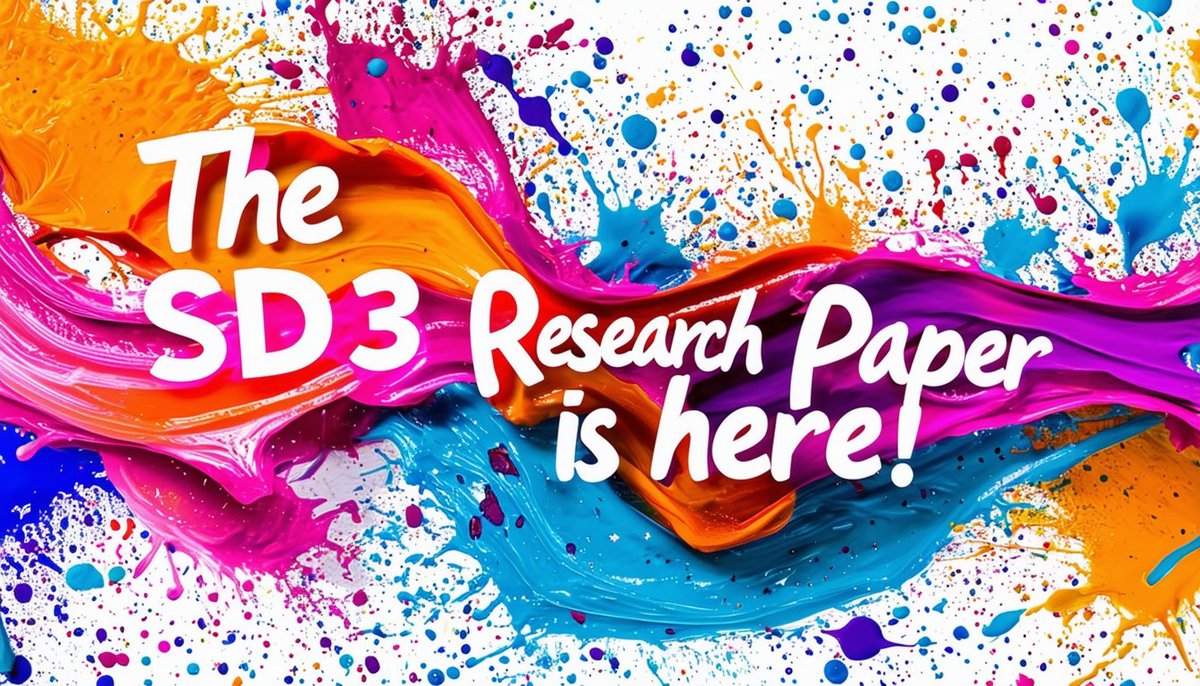 StabilityAI's tweet photo. (1/3) Today, we're publishing our research paper that dives into the underlying technology powering Stable Diffusion 3.

Prompt: A beautiful painting of flowing colors and styles forming the words “The SD3 research paper is here!”, the background is speckled with drops and splashes of paint.