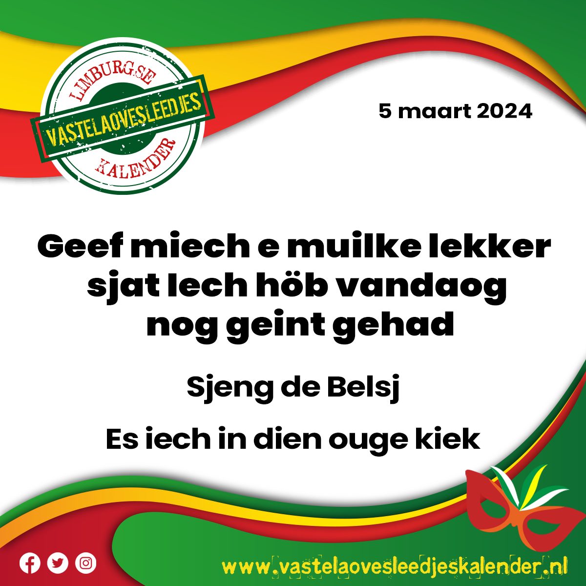 Geef miech e muilke lekker sjat. Iech höb vandaog nog geint gehad - Sjeng de Belsj (Es iech in dien ouge kiek)

vastelaovesleedjeskalender.nl/?p=7253