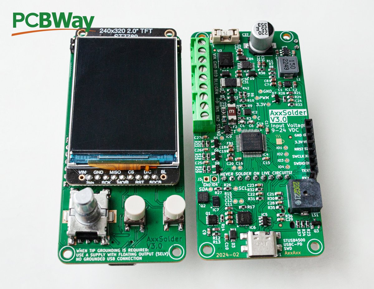 PCBWayOfficial's tweet image. AxxSolder
It is a #STM32 based #soldering iron controller for #JBC C115, C210 and C245 cartridges.
-More info: github.com/AxxAxx/AxxSold…