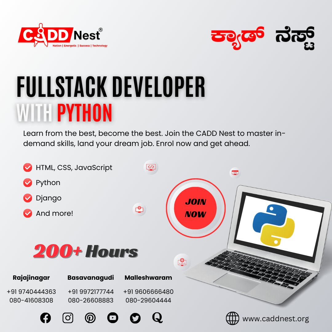 caddnest's tweet image. 🚀Transform into a Full Stack maestro with our Python-powered course - the key to unlocking versatility in modern web development!
Contact -
CADD Nest Rajajinagar: 9740444363
CADD Nest Basavanagudi: 9972177744
CADD Nest Malleshwaram: 9606666480
#fullstackpythondeveloper #python