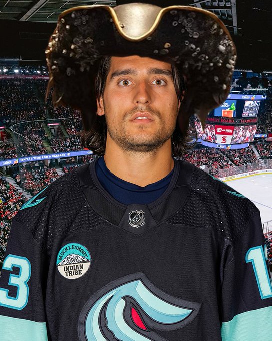 photoshopped photo of turbo inside of the saddledome with the davy jones hat photoshopped on him