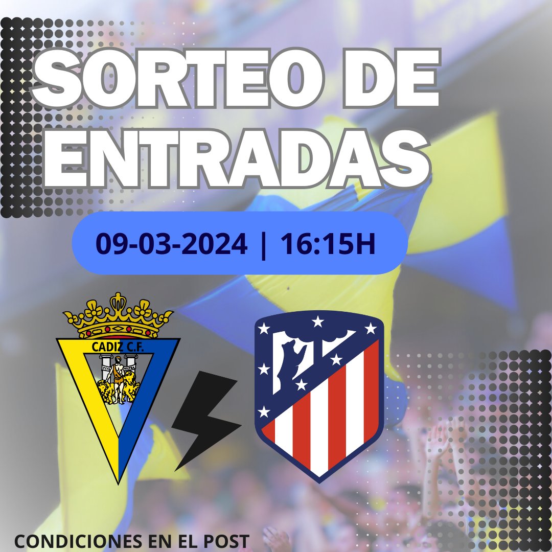 ‼ Gana entradas de tribuna para el #CadizCF #AtleticoDeMadrid #LaLigaEASports
🔔 Para participar:
🔹 Sigue <a href="/OndaCadizTV/">Onda Cádiz</a>
🔹 RT esta publicación
📣 Anunciaremos los ganadores (3 entradas uno, y 2 entradas otro) en el Submarino Amarillo del próximo viernes.