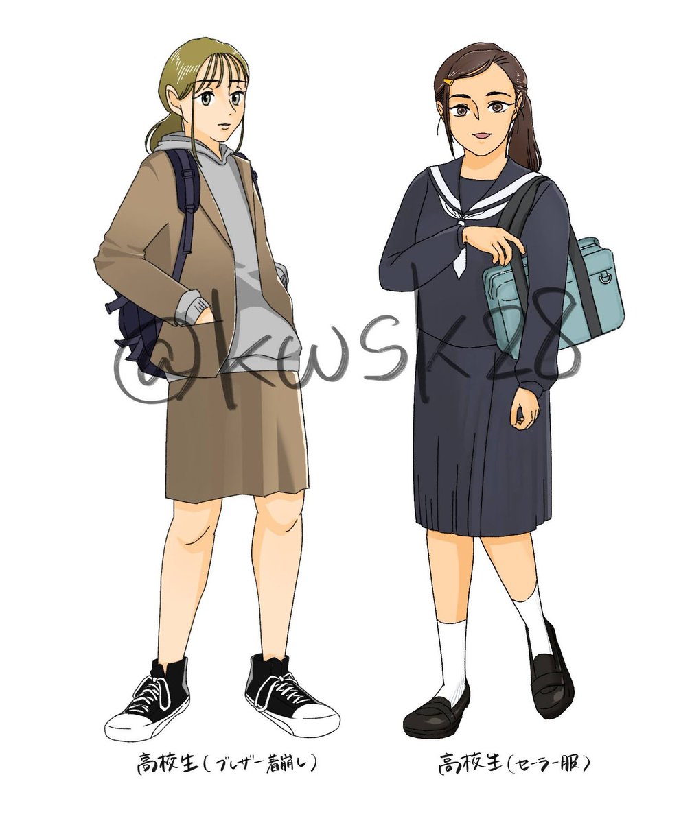 multiple girls 2girls bag school uniform serafuku shoes brown hair  illustration images