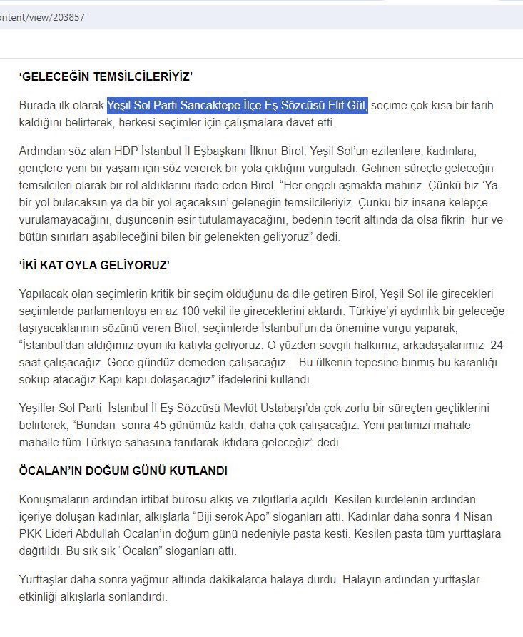 CHP Sancaktepe Meclis Üyesi Adayları listesinde ilk sıranın, Yeşil Sol Parti Sancaktepe İlçe Eş Sözcüsü Elif Gül’e verildiği ortaya çıktı. Elif Gül, daha öncesinde terör örgütü elebaşı Abdullah Öcalan’ın doğum gününü kutlayıp pasta kesmişti.