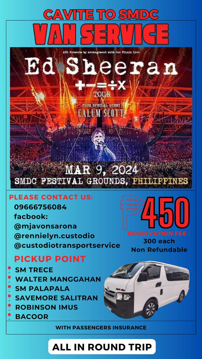 💥 Looking fo Joiners 💥
🚐 Carpool / Van service 🚐
450 each all in roundtrip
🎸Ed Sheeran Mathematics Tour
March 9, 2024 
SMDC Ground Festival Ground
Please DM me on FB for more info:
Rennielyn Custodio
#edsheeran #edsheeranmathematicstour2024 
#carpool #vanpool #vanservice
