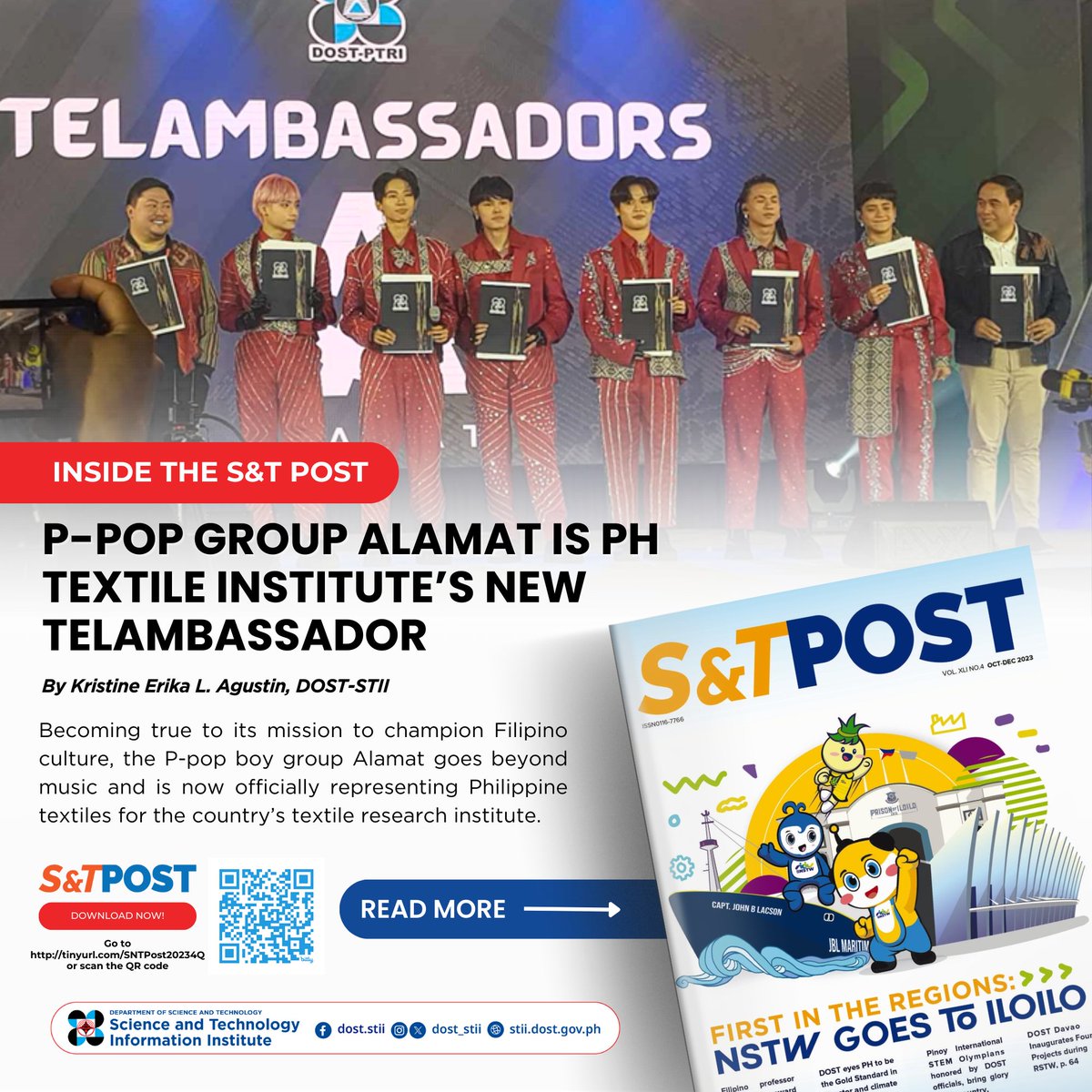 dost_stii's tweet photo. #InsidetheSnTPost: P-pop boy group Alamat is PH textile institute's new TELAMBASSADOR.

Full story: https://t.co/S0BmWrKDNp

Help us improve our next publication, kindly answer our readership survey:https://t.co/8IauE8p4lT

#STIIPublications #SnTPost #DOSTPublications https://t.co/BKI7sYTCWt