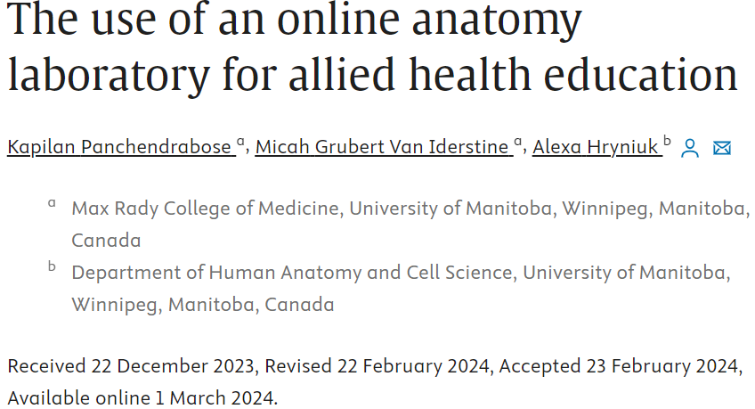 Had an insightful opportunity conducting a medical education project! Here we demonstrate online delivery of anatomy laboratories is a viable alternative to teach health professional students.

sciencedirect.com/science/articl…
