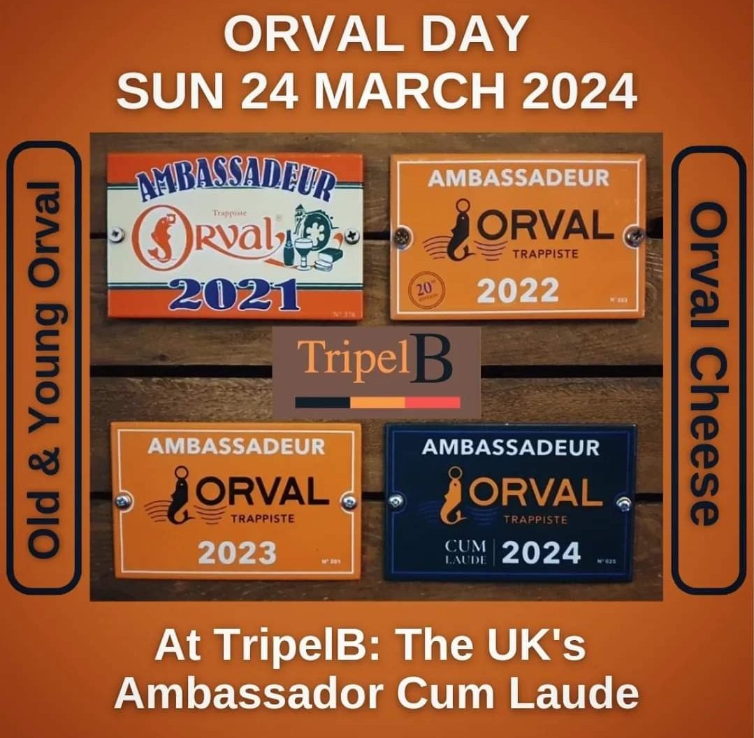 It's time again for TripelB's annual Orval Day! We're celebrating our status as the UK's official Orval Ambassador 'Cum Laude' on Sunday 24 March. Come down & enjoy vintage Orval paired with abbey cheese. Mmmm....cheeeese!

#belgianbeer #belgianbeercafe #WorcestershireHour