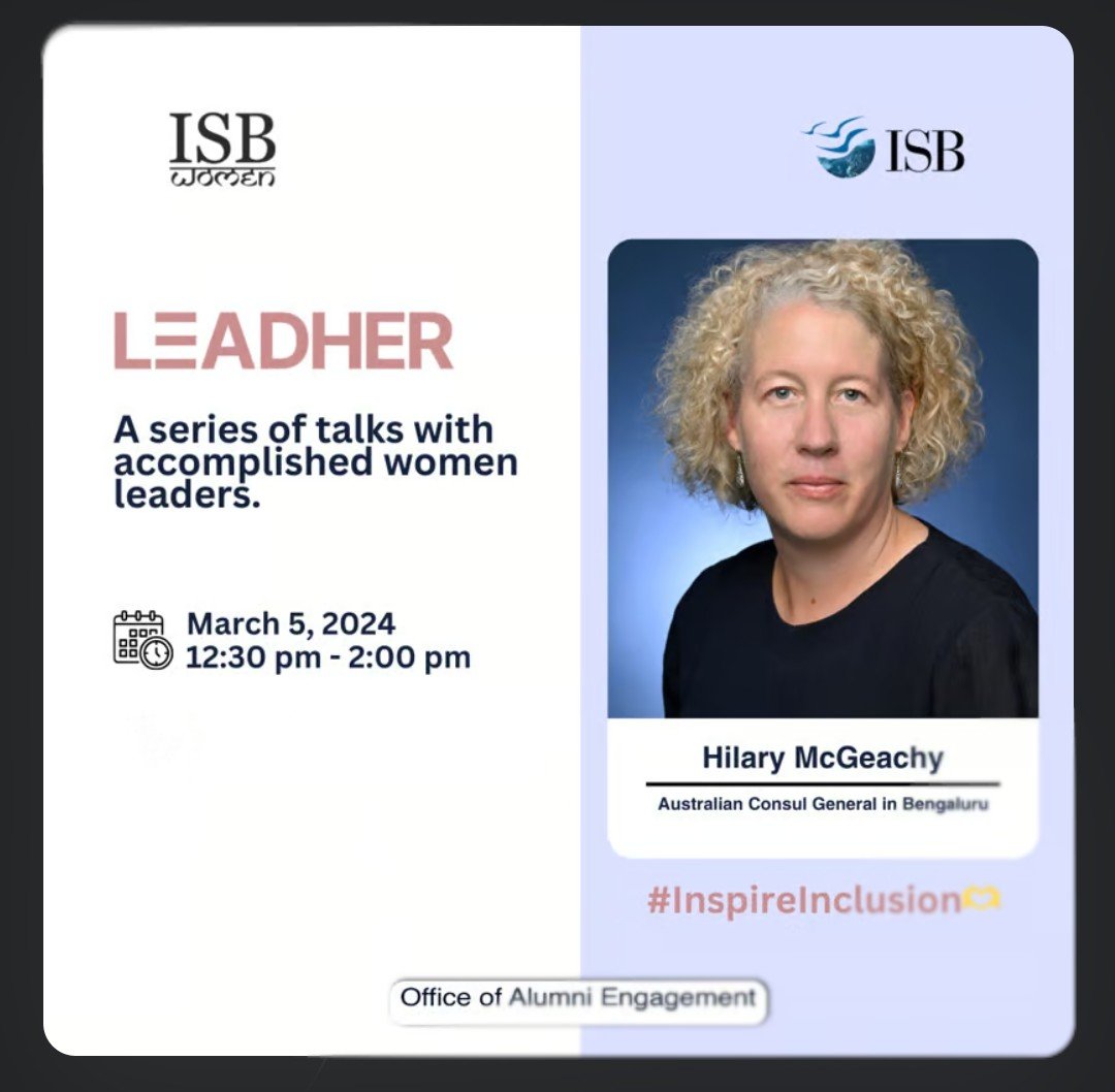 Looking forward to the interaction with Ms. McGeachy and the ISB alumni women.
A great lead-up to Women's Day!

<a href="/AusCGBengaluru/">Aus Consulate Bengaluru</a> 
<a href="/TheISBAlumni/">ISB Alumni Association (ISBAA)</a> 
<a href="/ISBedu/">Indian School of Business (ISB)</a>