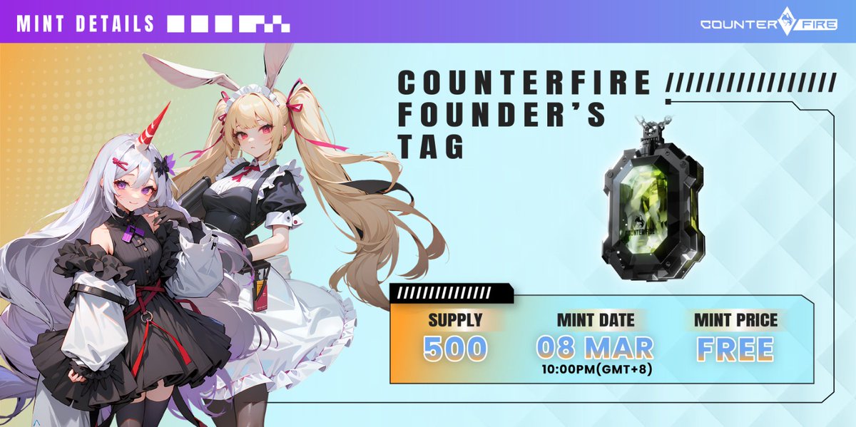 Set your calendar for March 8th.

The Founder's Tag mint will be live at 10 PM SGT (GMT+8) for 8 hours. 

All WL spots are guaranteed. 

Last chance to secure a spot! 👇
premint.xyz/play-counter-f…