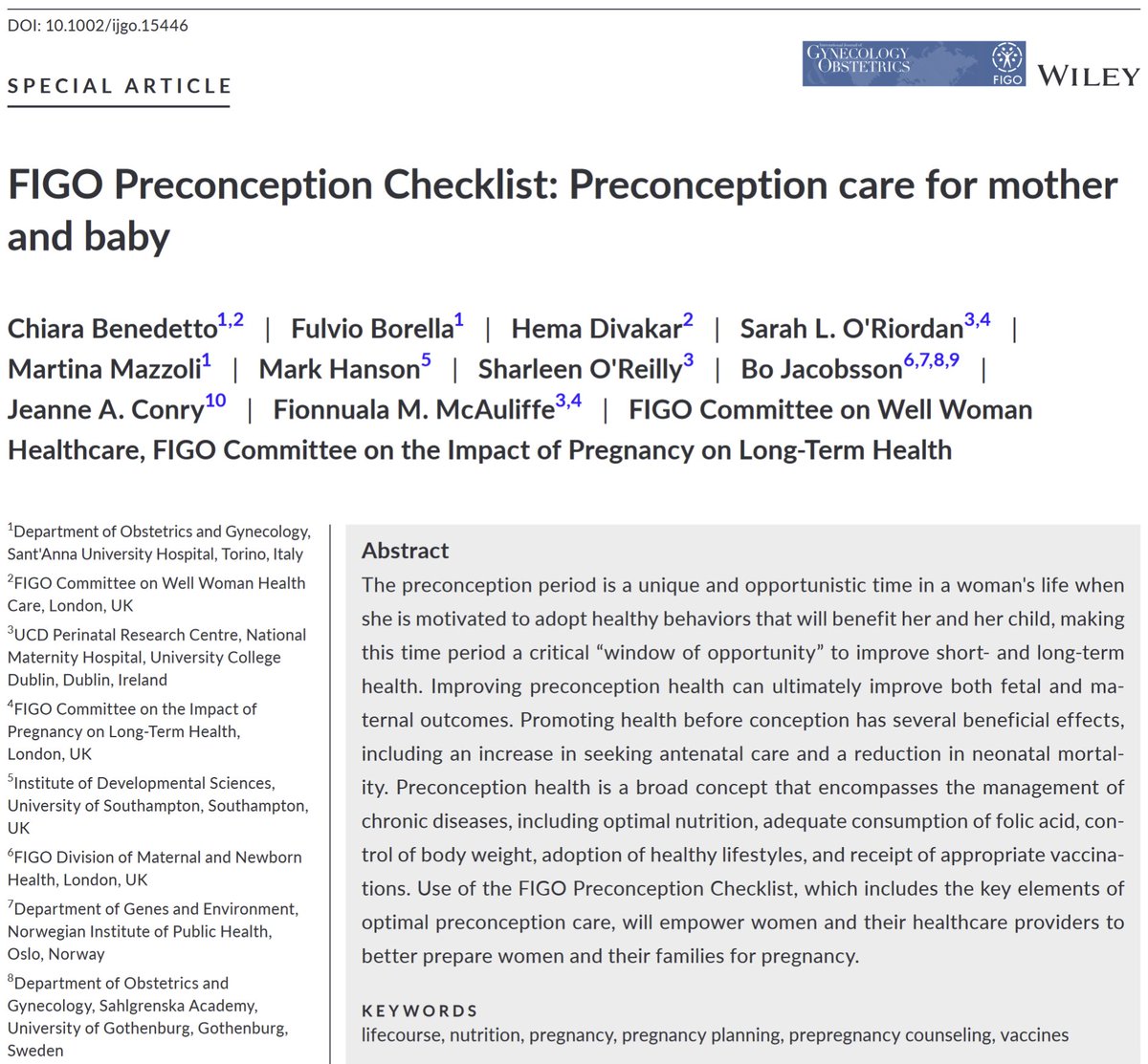 FIGO launch their 'Preconception Checklist' setting out key elements of optimal preconception care for mother & baby. Our NiPPeR trial findings indicate the need for new research & the likely lasting benefits of preconception care pubmed.ncbi.nlm.nih.gov/38287349/ doi.org/10.1002/ijgo.1…