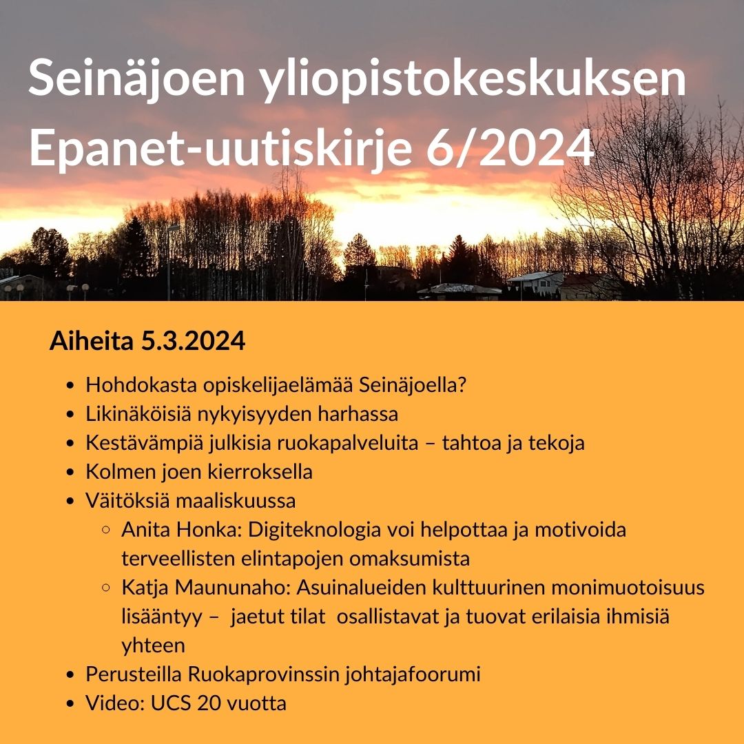 Aurinkoista huomenta! Uutiskirjeessämme taas luettavaa tieteestä, tutkimuksesta ja koulutuksesta. 
us14.campaign-archive.com/?u=ac5f632837c…

#Epanet #tiedeviestintä #SeinäjoenYliopistokeskus