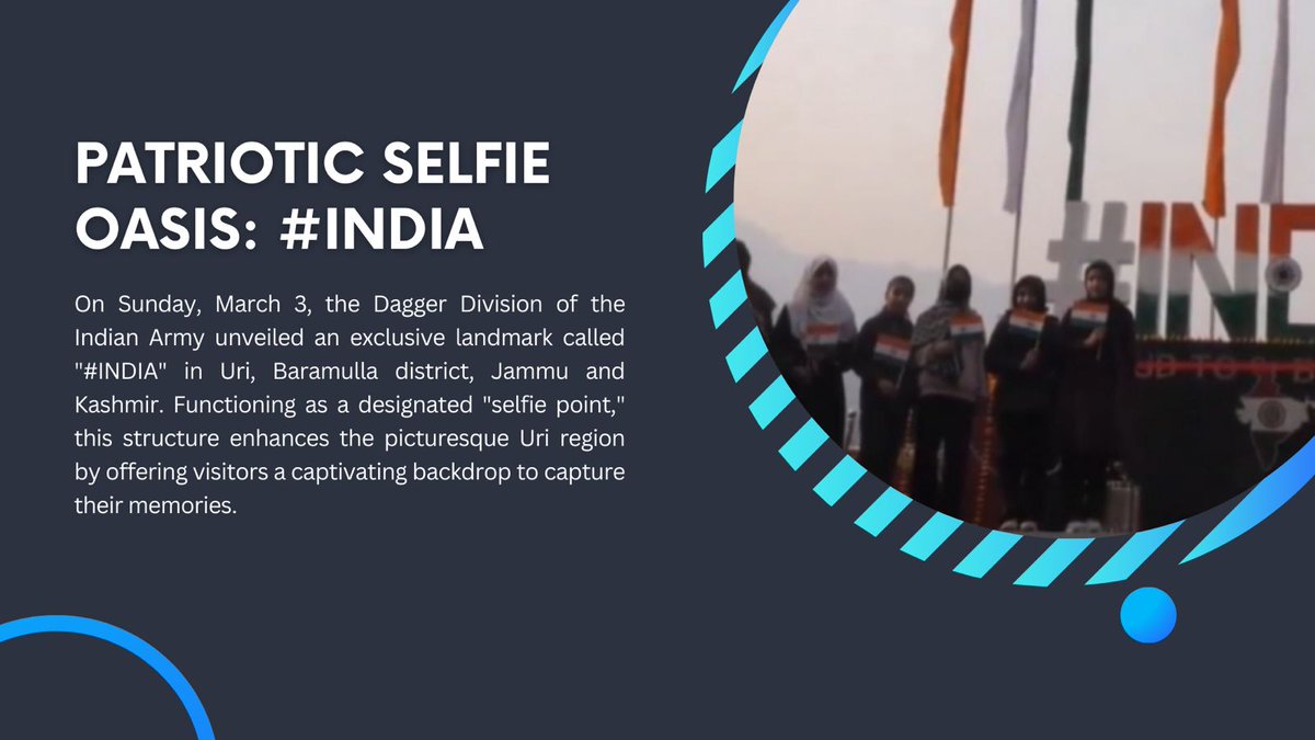 On Sunday, March 3, the Dagger Division of the Indian Army unveiled an exclusive landmark called '#INDIA' in Uri, Baramulla district, Jammu and Kashmir. Functioning as a designated 'selfie point,' this structure enhances the picturesque Uri region