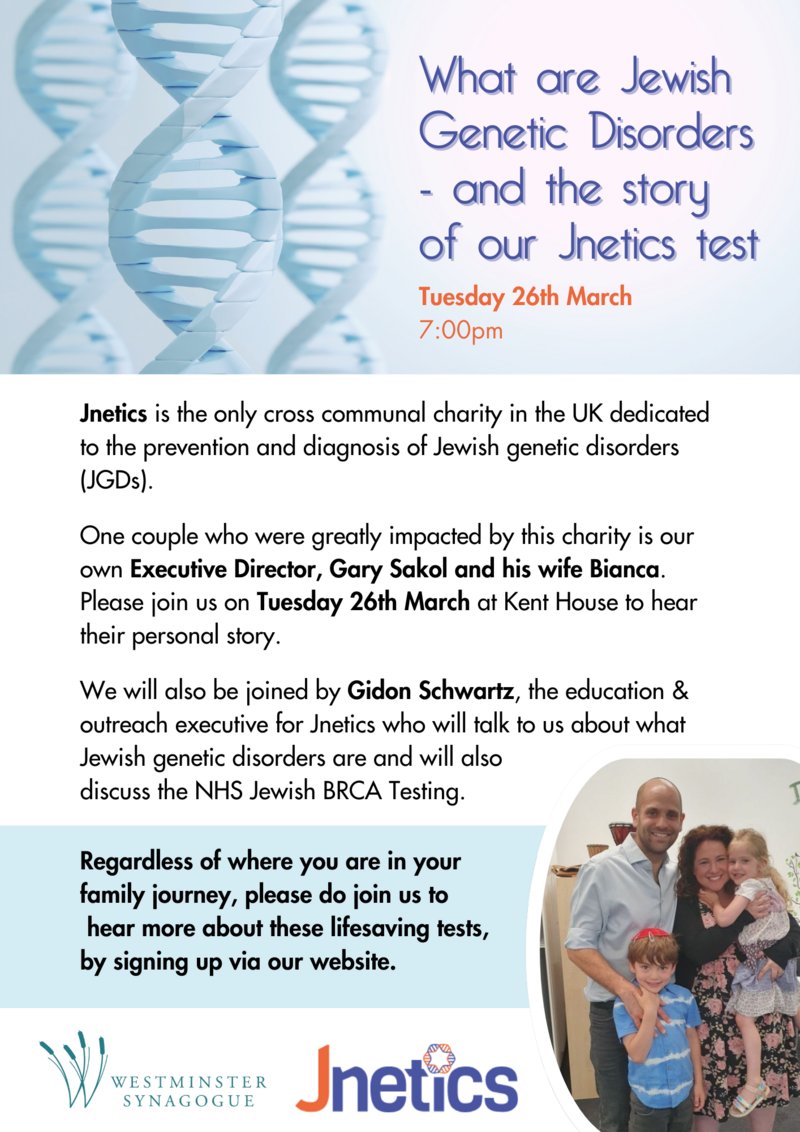 We're looking forward to presenting our work to Westminster Synagogue on 26th March together with Gary Sakol . Come and find out how Jnetics helped Gary and his wife Bianca Sakol and how we can help YOU and YOUR family... westminstersynagogue.org/event/jnetics-… Tip