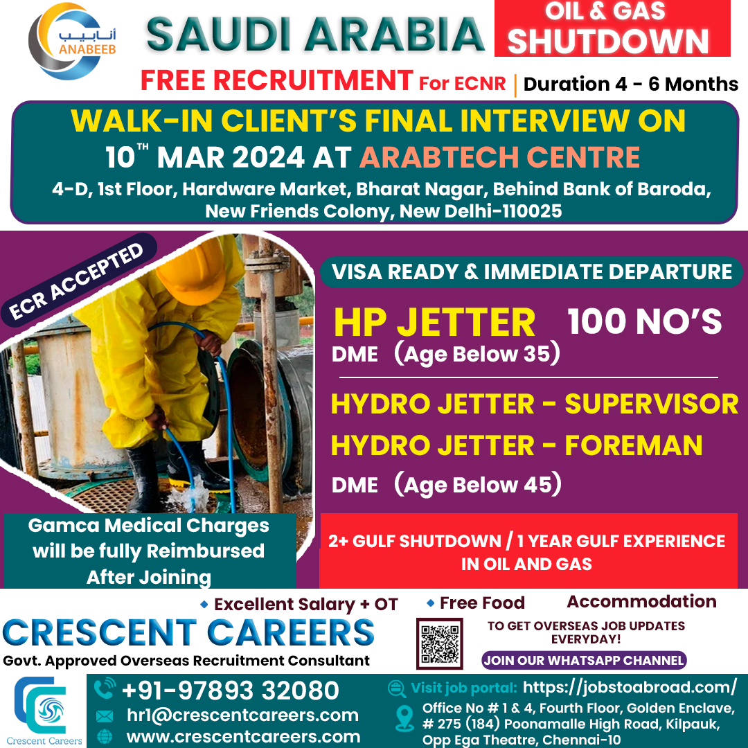 jobstoabroad's tweet image. HP JETTER / HYDRO JETTER - SUPERVISOR / HYDRO JETTER - FOREMAN
WALK-IN FINAL CLIENT&apos;S INTERVIEW AT ARABTECH CENTRE ON 10TH MAR 2024 
FREE RECRUITMENT
#hpjettersoperatorjobs #hpjetter #hydrojetter #supervisor #foreman #hiring #jobsearch #Career