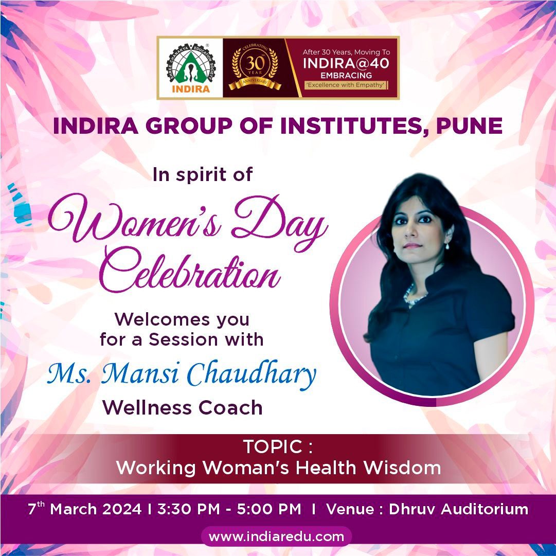 igipune's tweet photo. Celebrate Women’s Day with knowledge! Learn essential health tips for working women from Ms. @nutripower_by_mansi. March 7th, 3:30 PM, Dhruv Auditorium. #IndiraInstitutes #womensday #WomensDay2024 #indiragroupofinstitutes #indiraat40 #excellencewithempathy https://t.co/lxyoSEXFH0