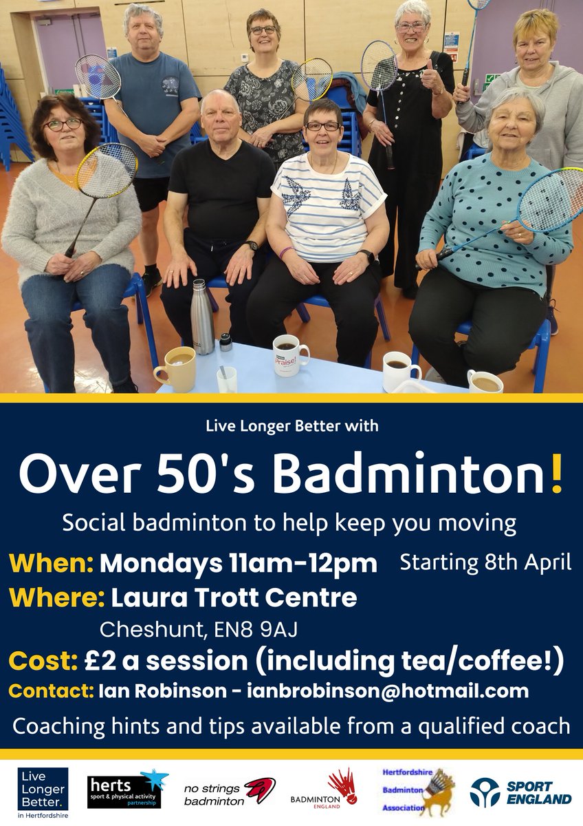 LauraTrottLC's tweet image. Over 50s badminton starting from 8 April at the Laura Trott Leisure Centre 🏸

🗓️ Mondays 11am to 12pm
💷 £2 a session (including tea/coffee)

Please contact IanRobinson@hotmail.com for more information.