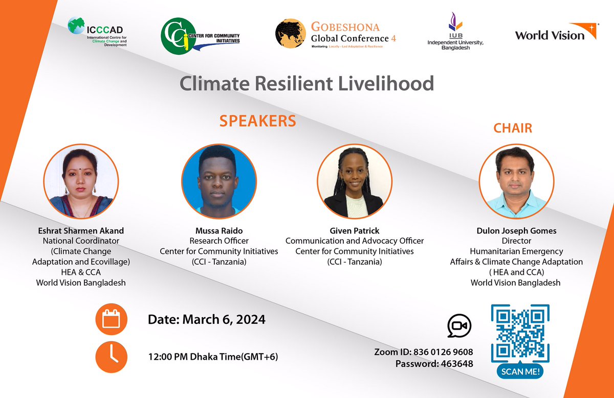 The fourth edition of Gobeshona Global Conference ! Join us as we speak about Climate Resilience and Livelihood 9:00am EAT #Gobeshona #GGC4 @gobeshona @ICCCAD @wvbangladesh @iubedu @sdi_net @ccitanzania